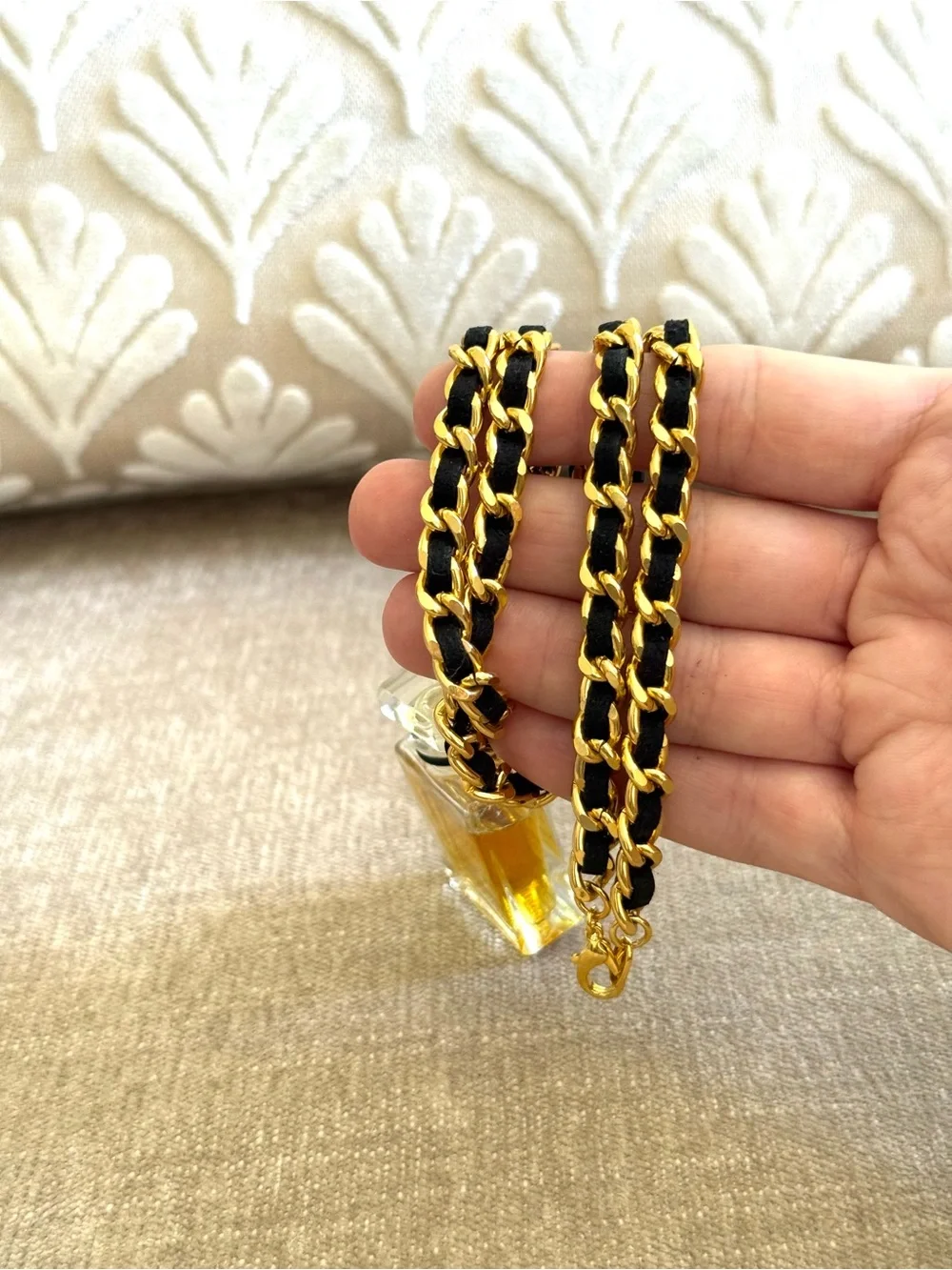 Authentic vintage Chanel No. 5 Perfume Bottle Necklace gold black chain